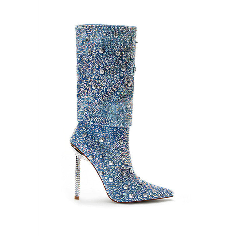 Women’s Fashion Denim Blue Pointed Toe Boots