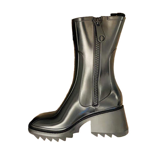 Women's Wavy Thick Sole Mid Boots Black Alpaca Skin