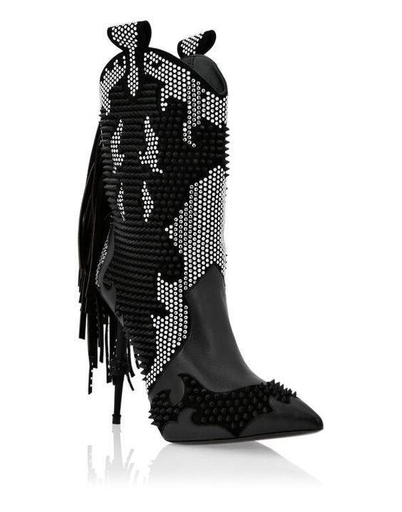 Women’s Colorblock Pointed Toe Fringe Short Boots