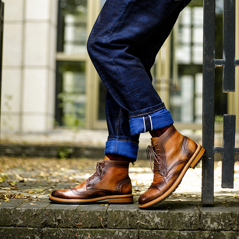 Men's Casual Cowhide Leather Round Toe Martin Boots