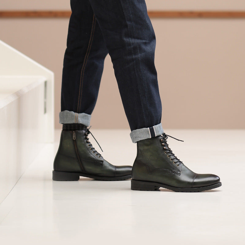 British Style Men's Mid-High Leather Martin Boots, Coffee