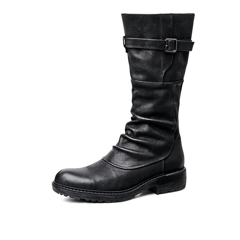 Men's High Top Platform Biker Boots, Side Zip, Black/Brown