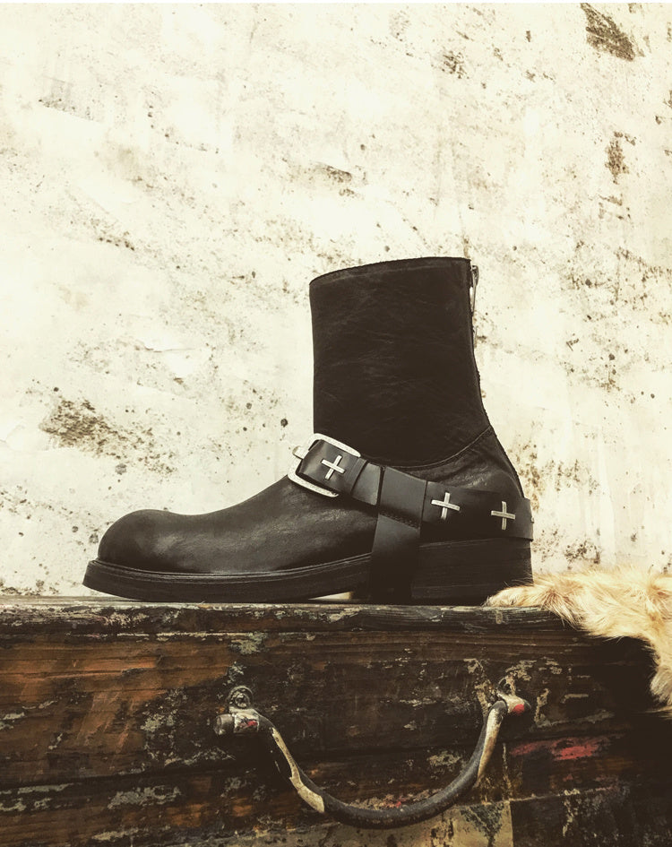 Rivet Black Punk Martin Boots with Thick Sole Zipper