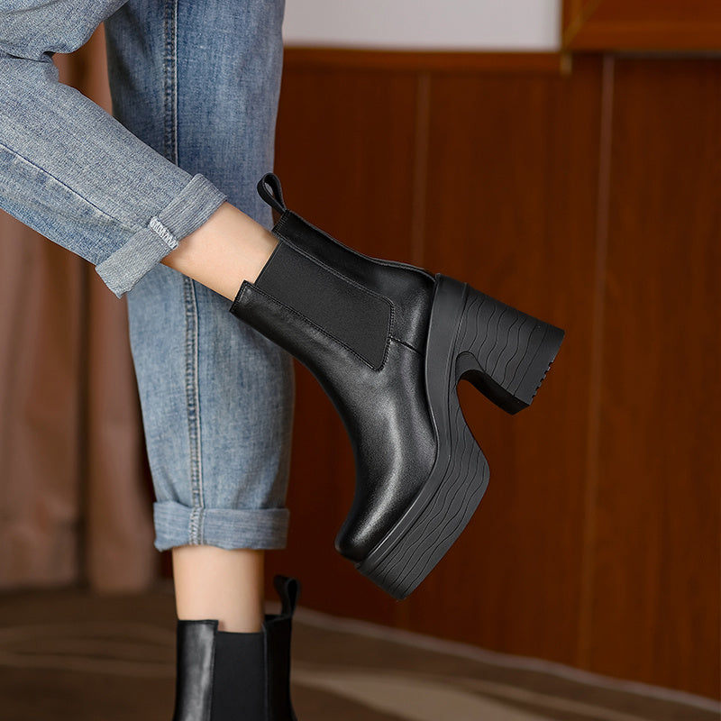 Square Toe Chunky Heel Platform Ankle Boots - Apricot/Black