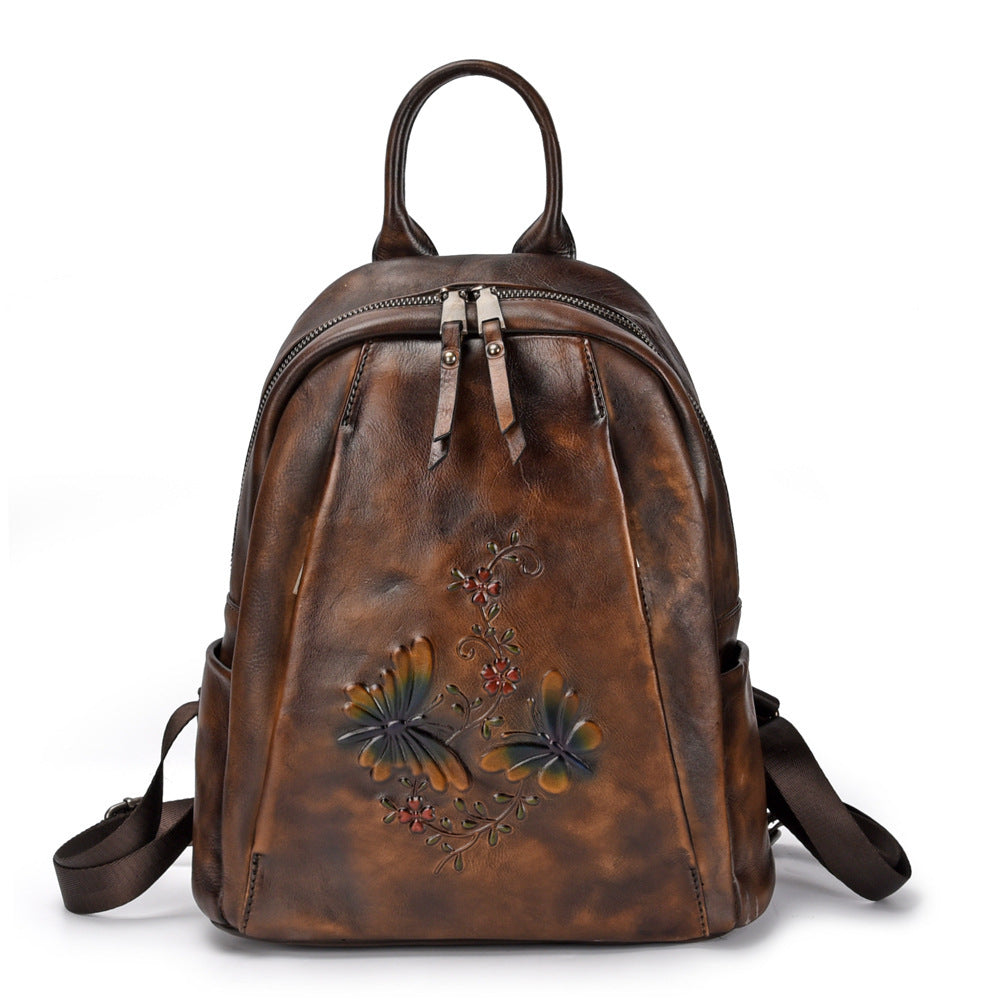 Women's Retro Cowhide Leather Backpack, Medium Size