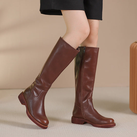 Retro British Style Genuine Leather Long Boots