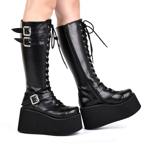 Punk High Tube Muffin Heel Lace-Up Zipper Boots