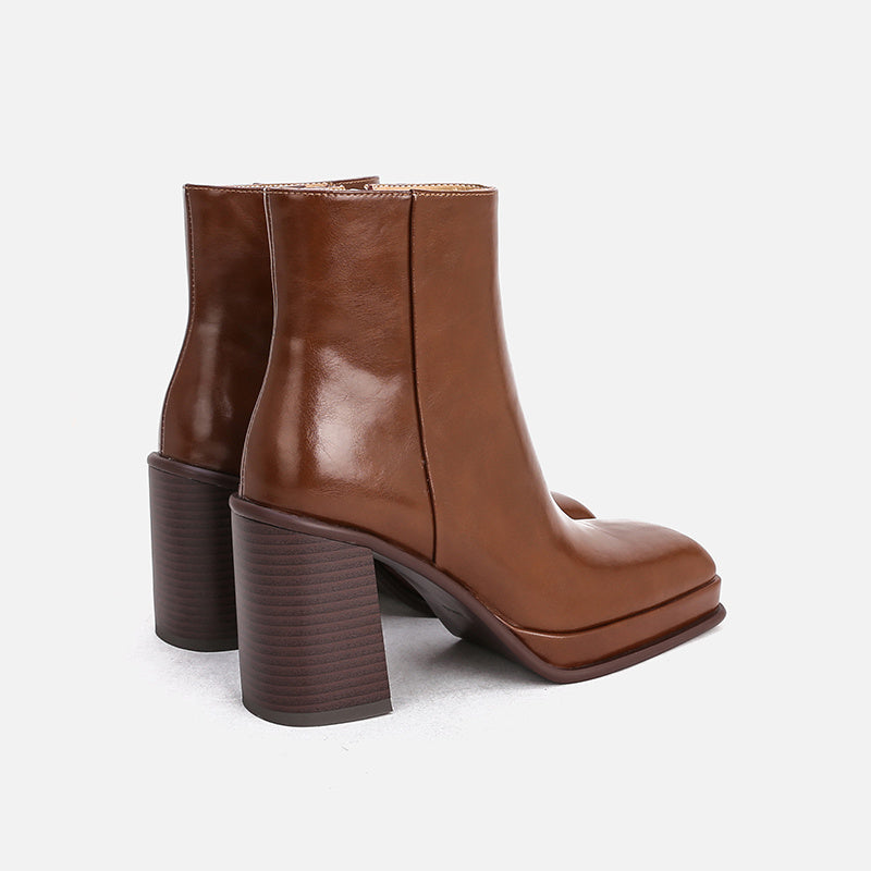 Waterproof Leather Ankle Boots Thick Heel Square Toe