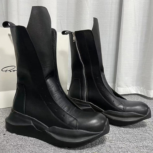 Men's Leather Zipper Motorcycle Boots - Medium Heel