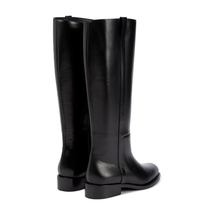 Women's Large Size Black Leather Low Heel High Boots