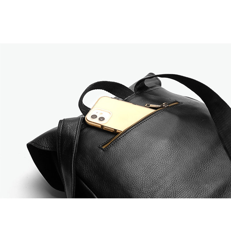 Large Capacity Women's Cowhide Leather Backpack, Black/Brown