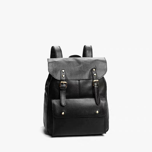 Large Capacity Women's Cowhide Leather Backpack, Black/Brown