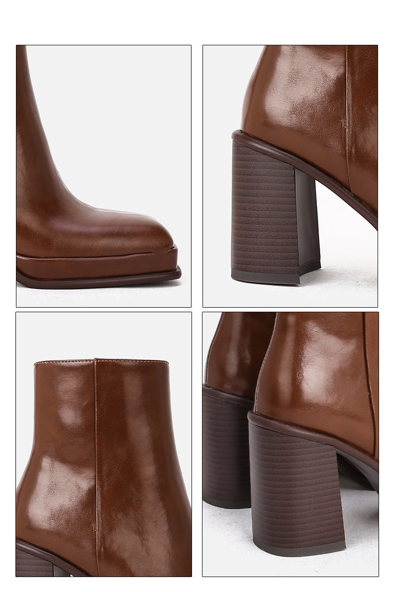 Waterproof Leather Ankle Boots Thick Heel Square Toe