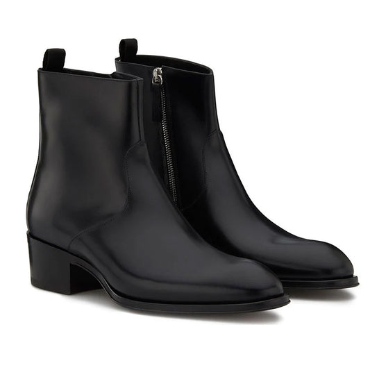 Men's Leather Pointed Toe Zipper Martin Boots Black