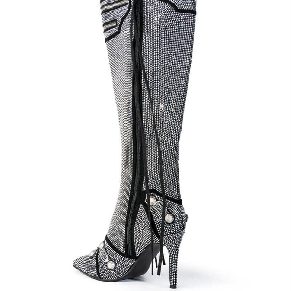 Needle Buckle Rhinestone Suede Slim Heel Boots