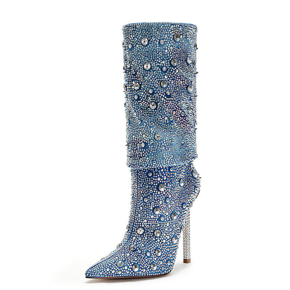 Women’s Fashion Denim Blue Pointed Toe Boots