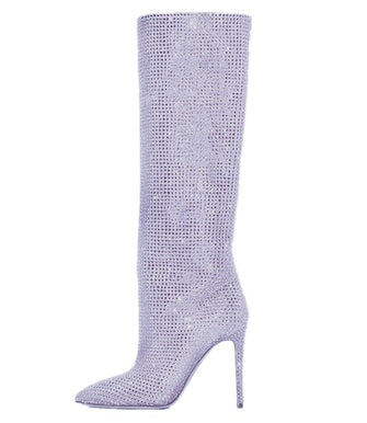 Velvet Rhinestone Pointed Toe Stiletto Boots