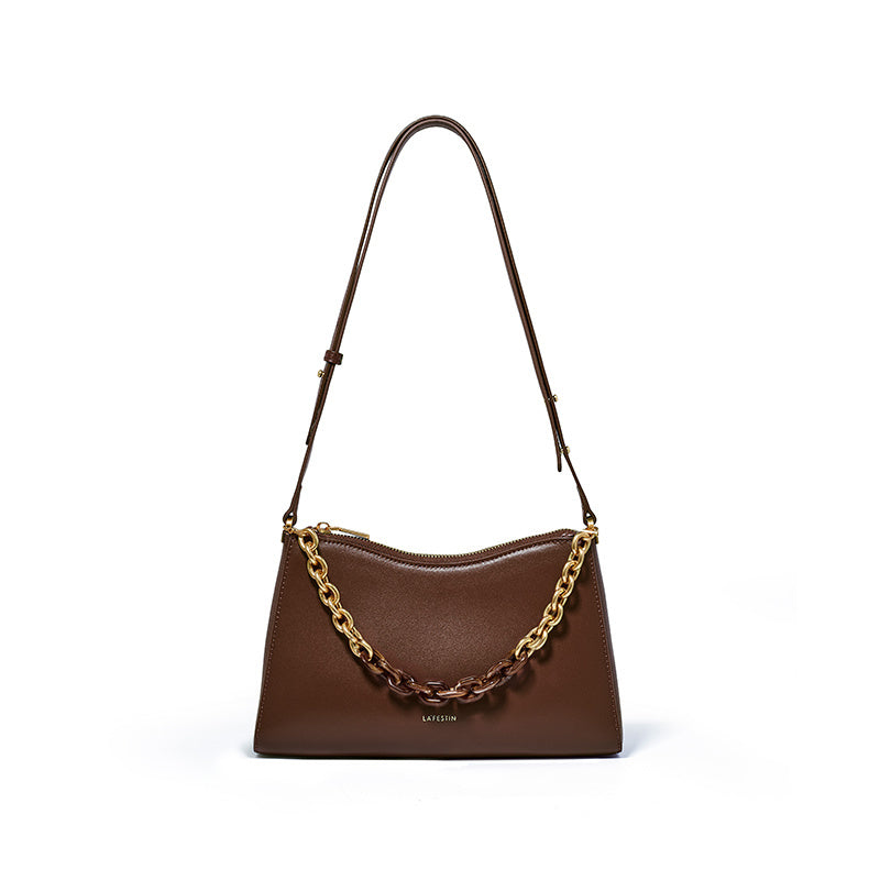 Women's French Baguette Leather Shoulder Bag - Beige Tones