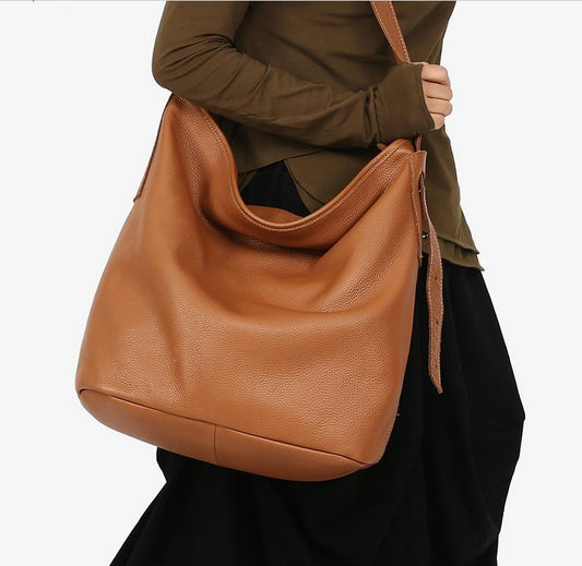 Large First Layer Cowhide Leather Bucket Bag - Black Khaki