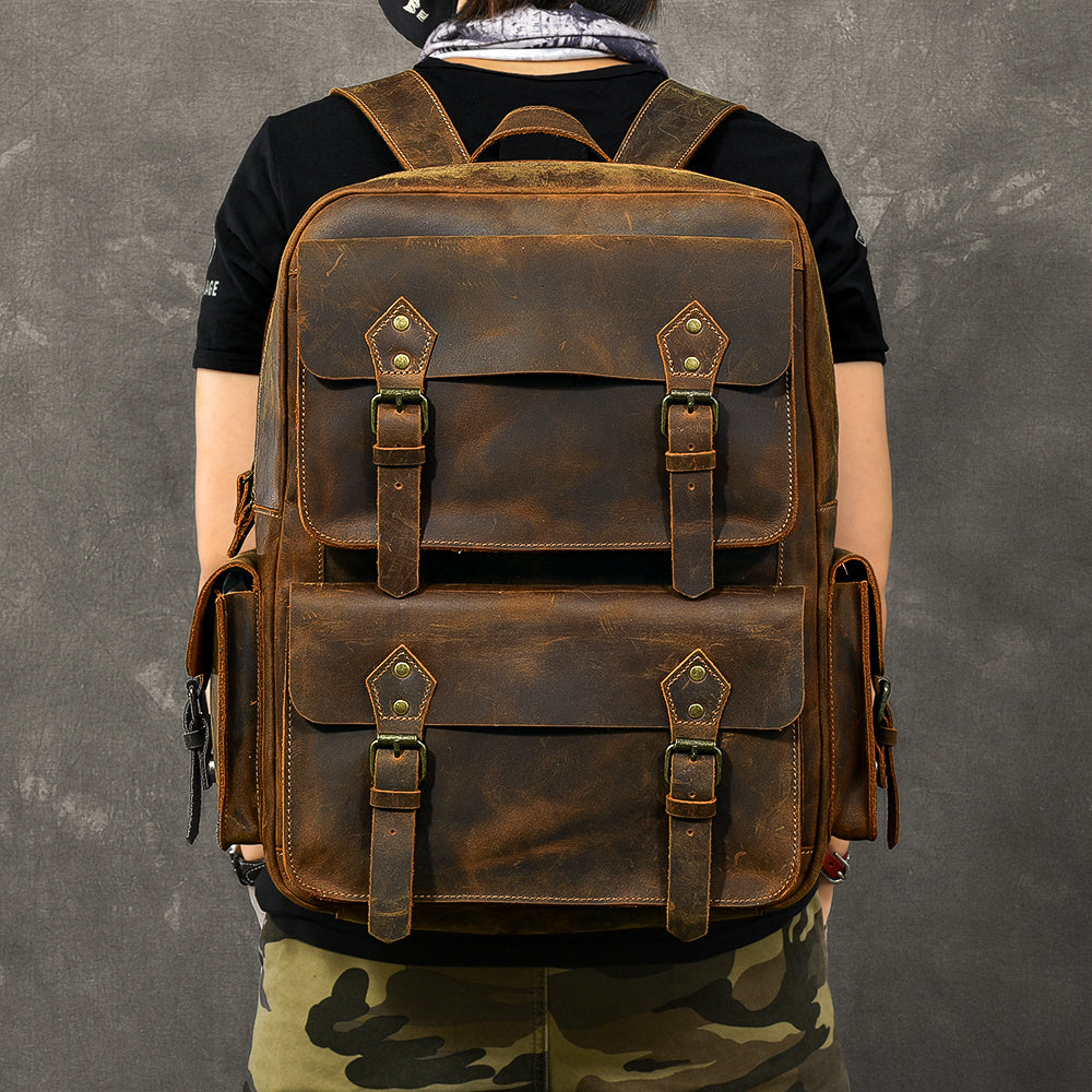 Vintage Crazy Horse Leather Backpack, 45x33x14cm