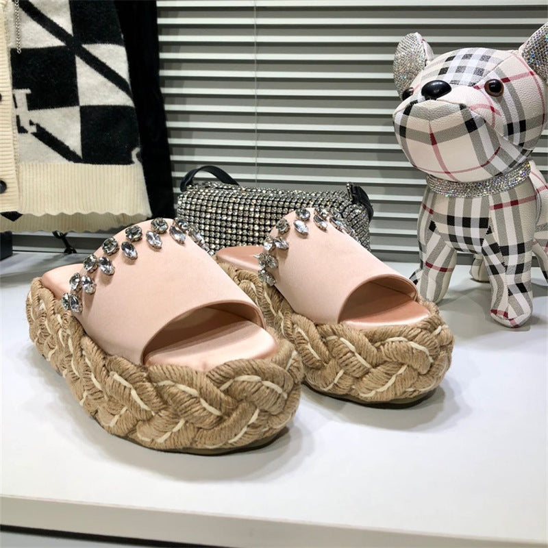 Women's Rhinestone Hemp Rope Straw Woven Thick Sole Slippers