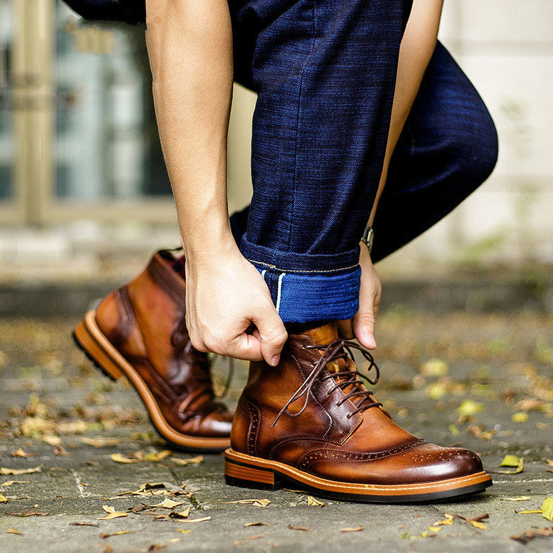 Men's Casual Cowhide Leather Round Toe Martin Boots