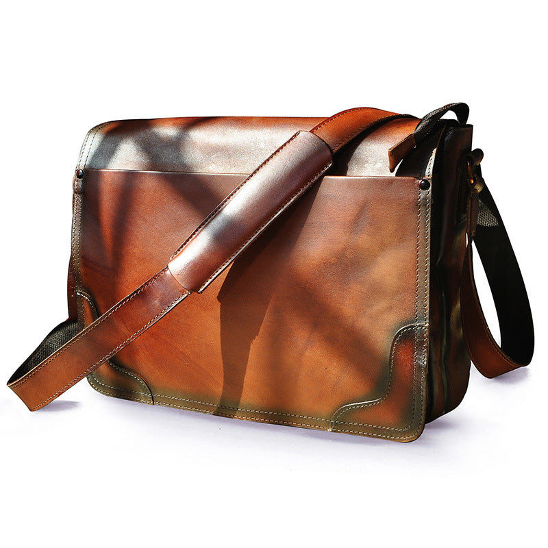 The First Layer Of Crazy Horse Leather Cowhide Men's 14-inch Computer One-shoulder Diagonal Bag