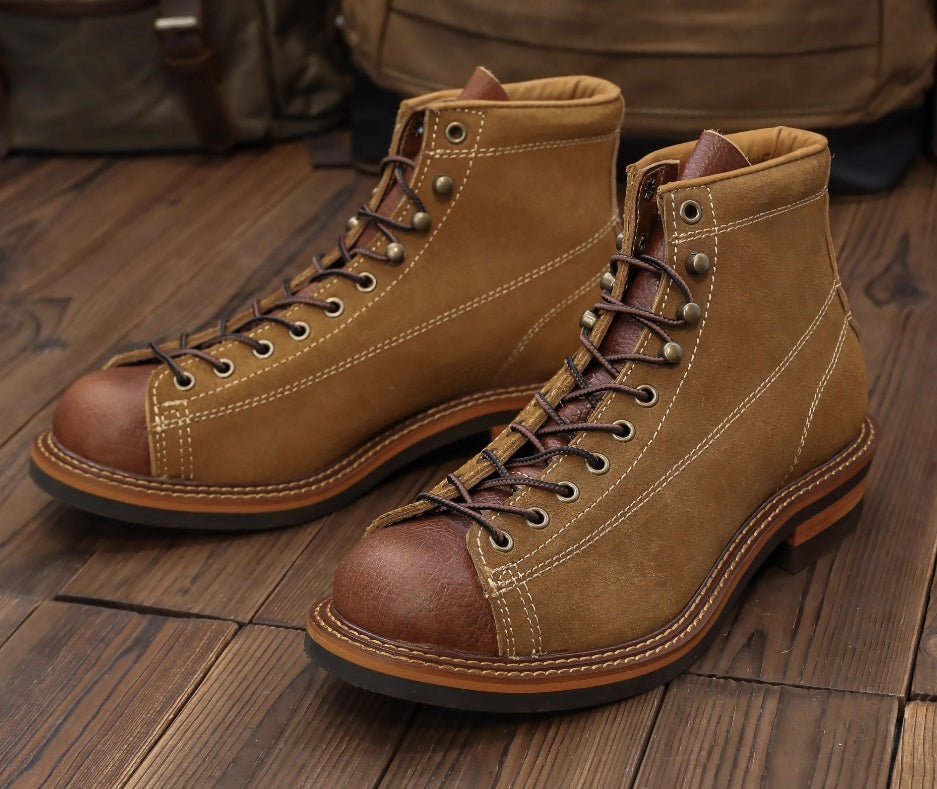 Retro Color Block Cowhide High-top Ankle Boots