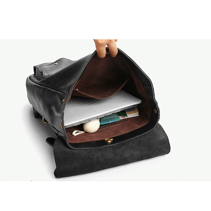 Large Capacity Women's Cowhide Leather Backpack, Black/Brown