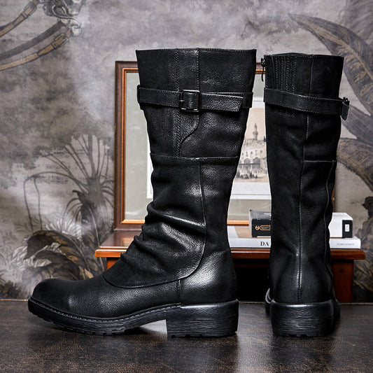 Men's High Top Platform Biker Boots, Side Zip, Black/Brown