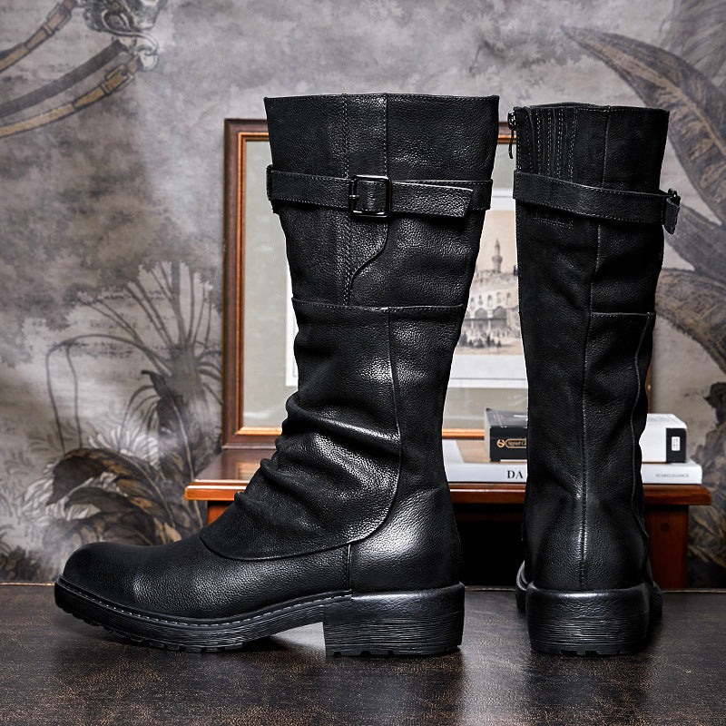 Men's High Top Platform Biker Boots, Side Zip, Black/Brown