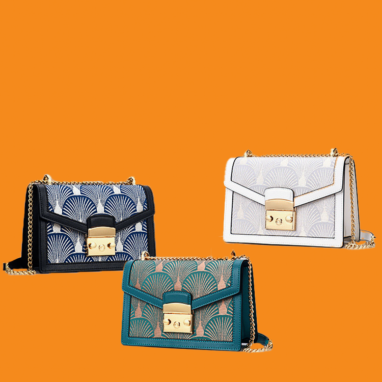Three patterned handbags on an orange background