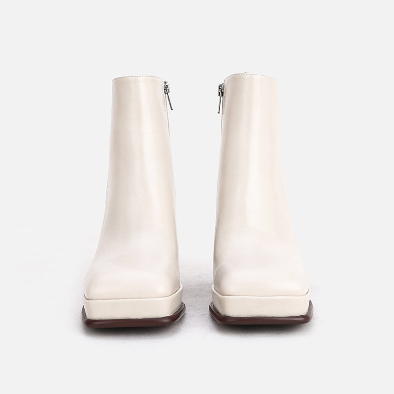Waterproof Leather Ankle Boots Thick Heel Square Toe