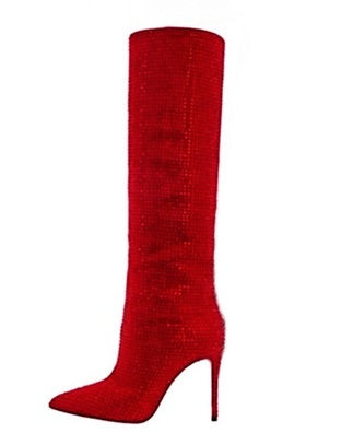Velvet Rhinestone Pointed Toe Stiletto Boots