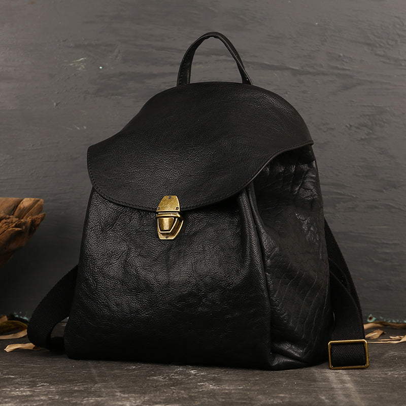 Women’s Vintage Leather Casual Backpack - Brown/Black