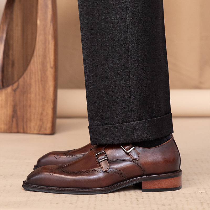 British Leisure Leather Shoes, Square Toe, Buckle