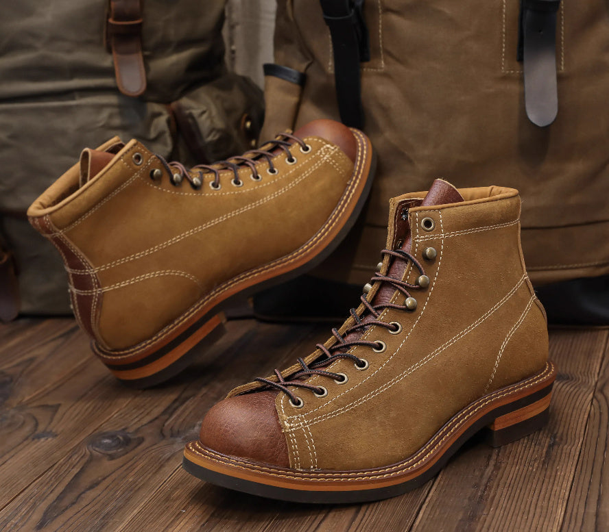 Retro Color Block Cowhide High-top Ankle Boots