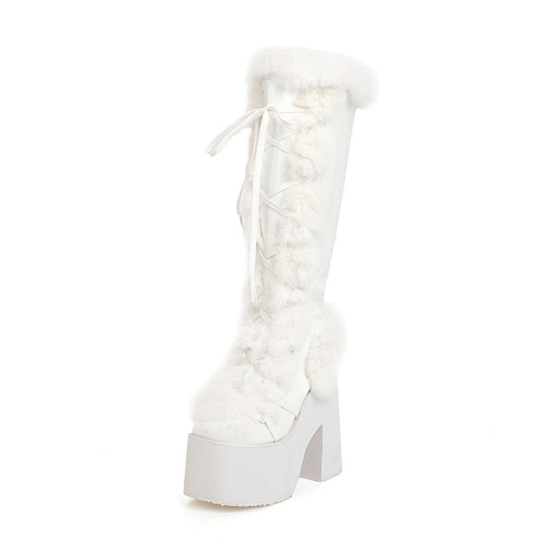 High Heel Platform Thick Sole Fur Snow Boots - Women