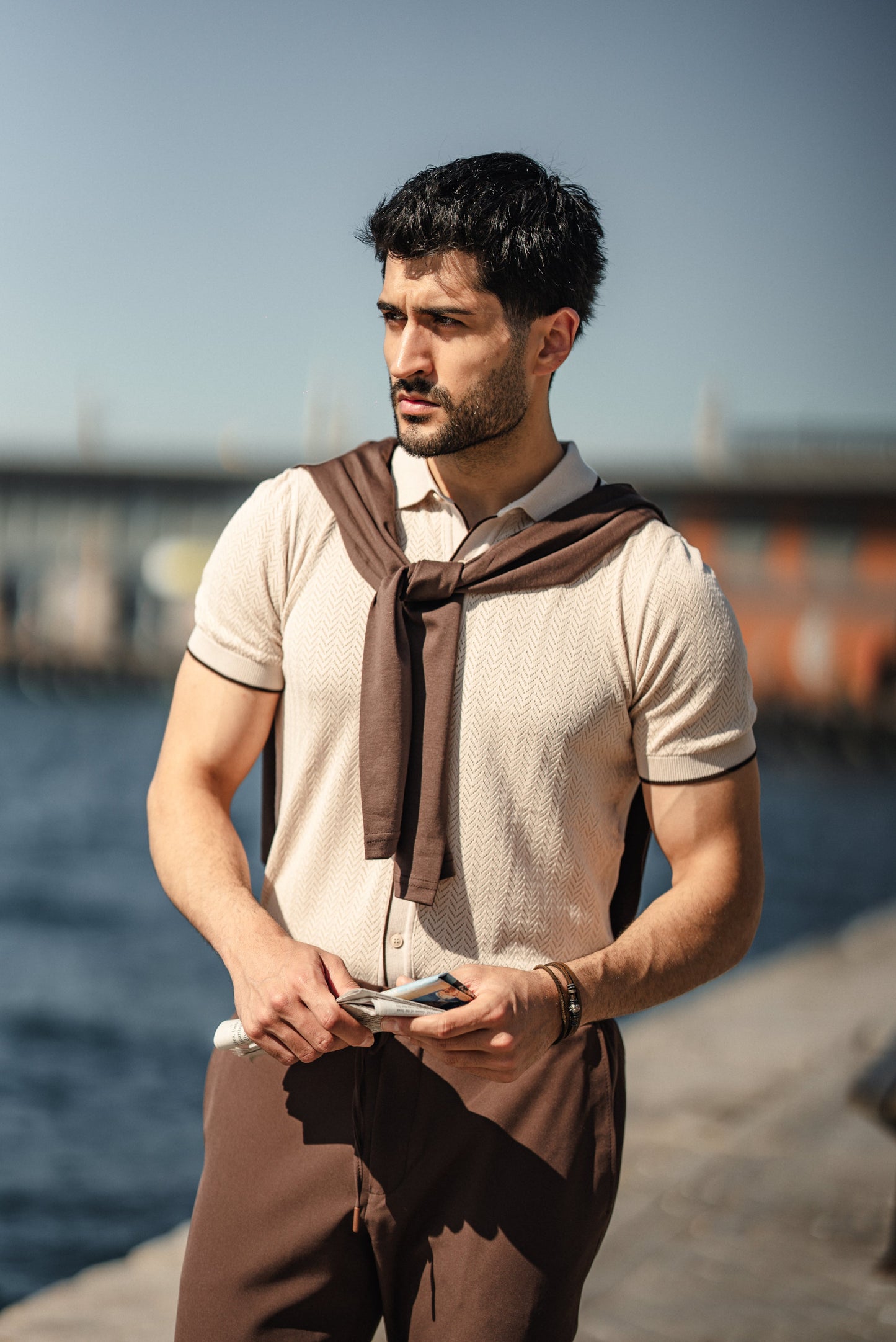 Beige Men’s Special Design Knit Fabric Polo