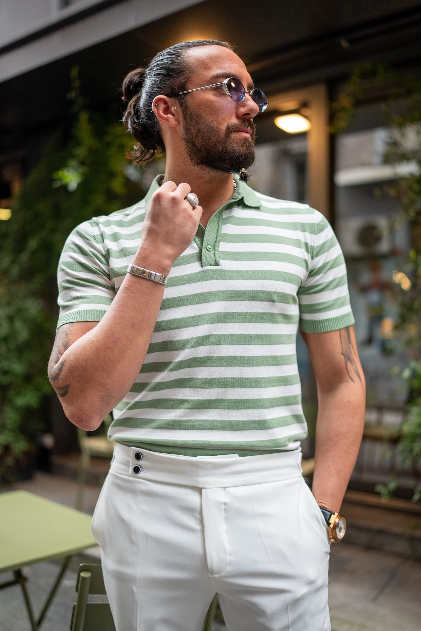 Men's Green Striped Knit Polo Shirt