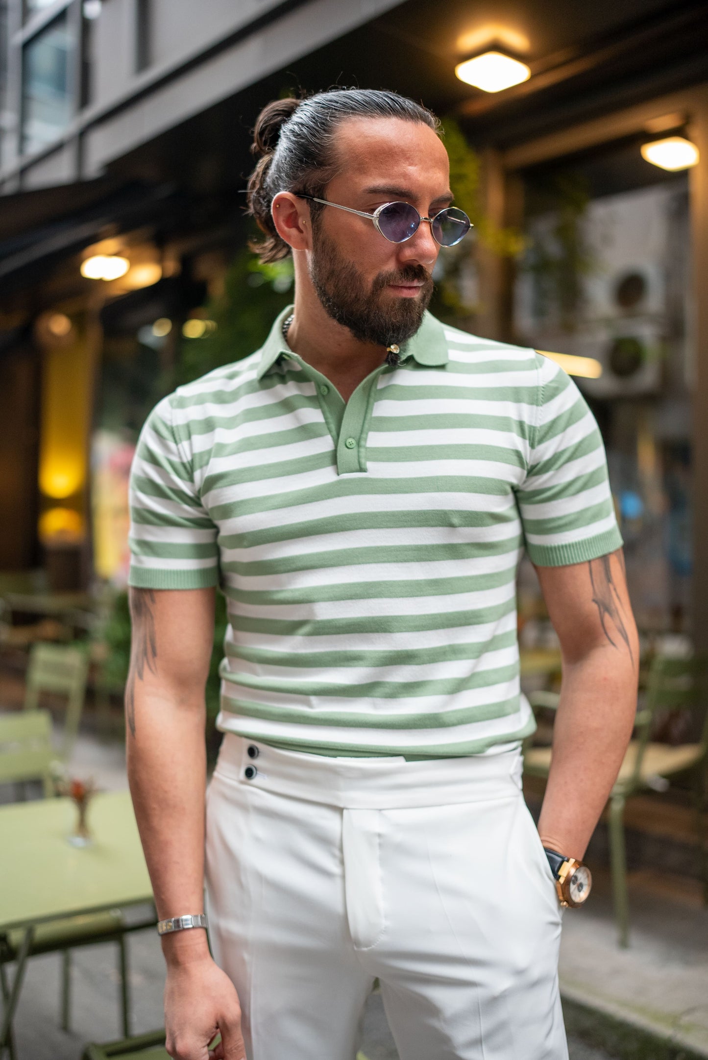 Men's Green Striped Knit Polo Shirt