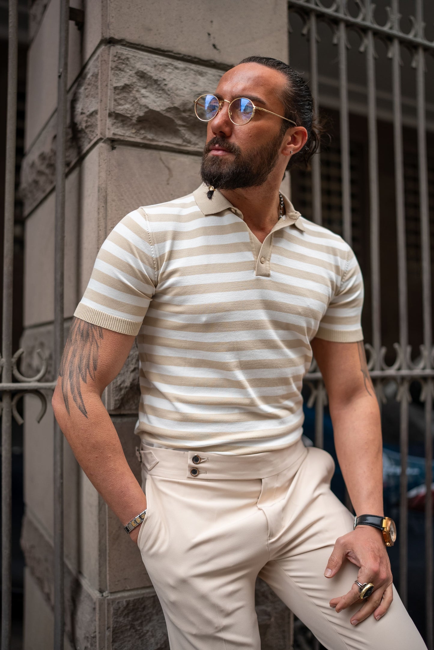 Men's Beige Striped Knit Polo Shirt