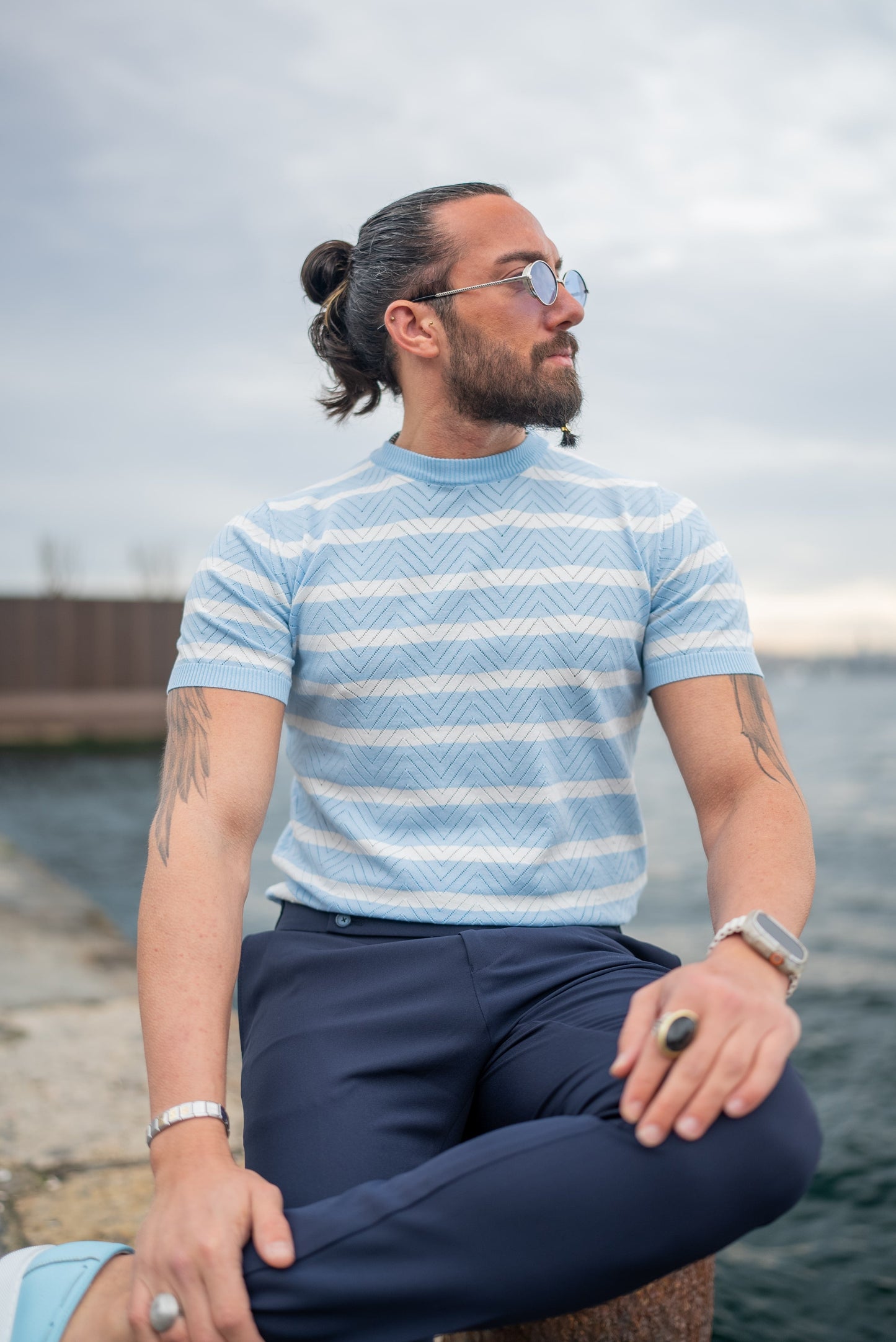 Men's Light Blue Striped Knit T-Shirt