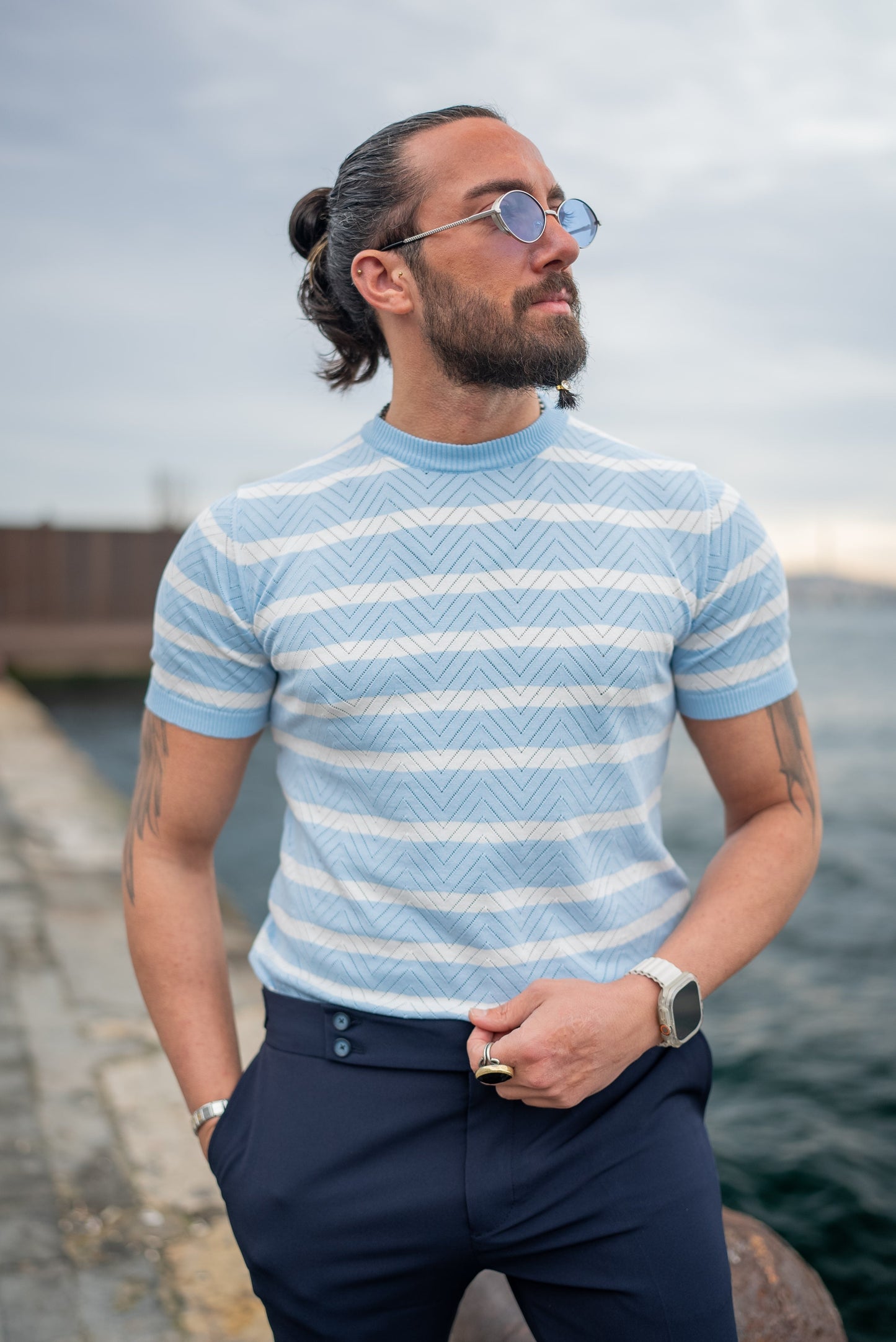 Men's Light Blue Striped Knit T-Shirt