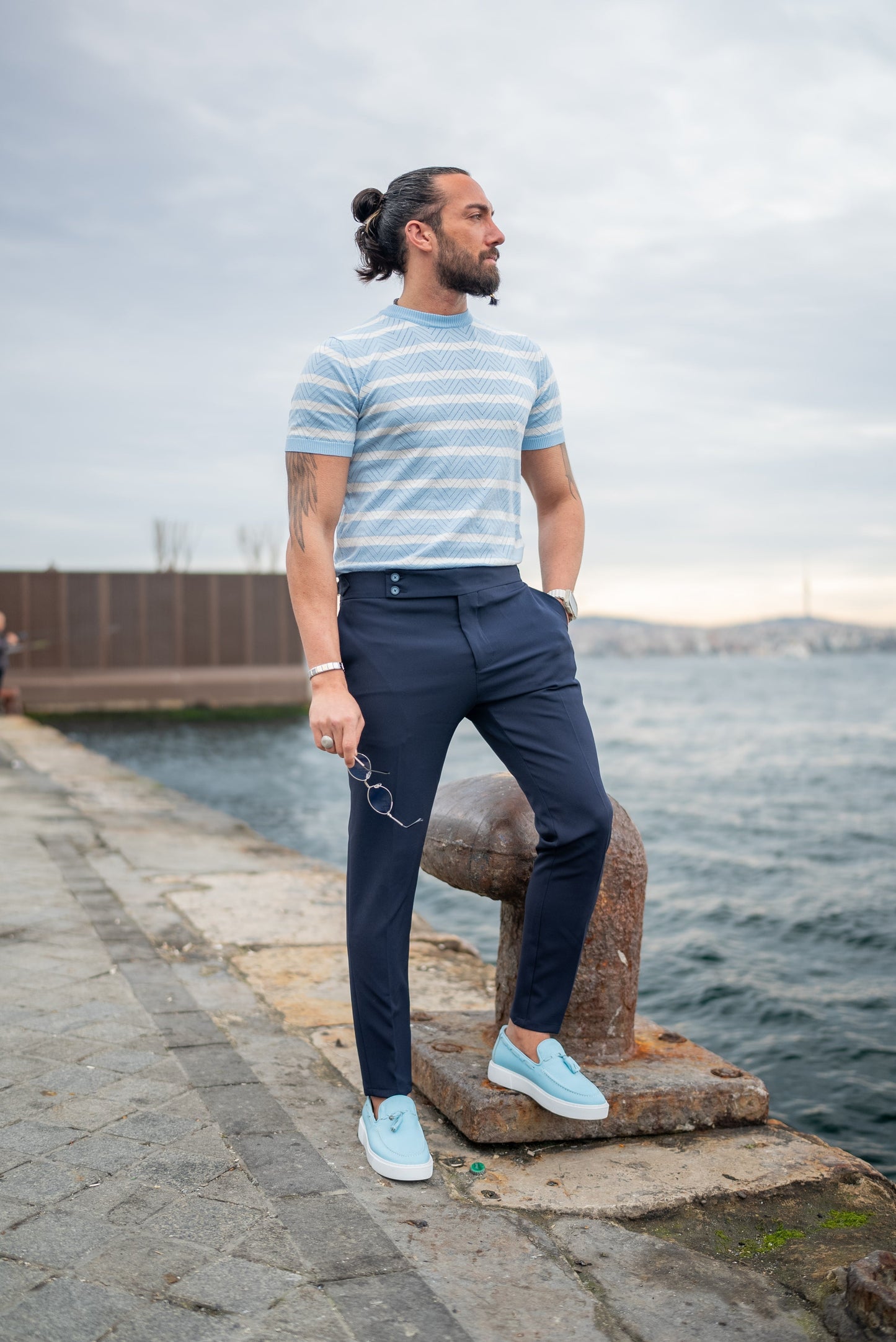 Men's Light Blue Striped Knit T-Shirt