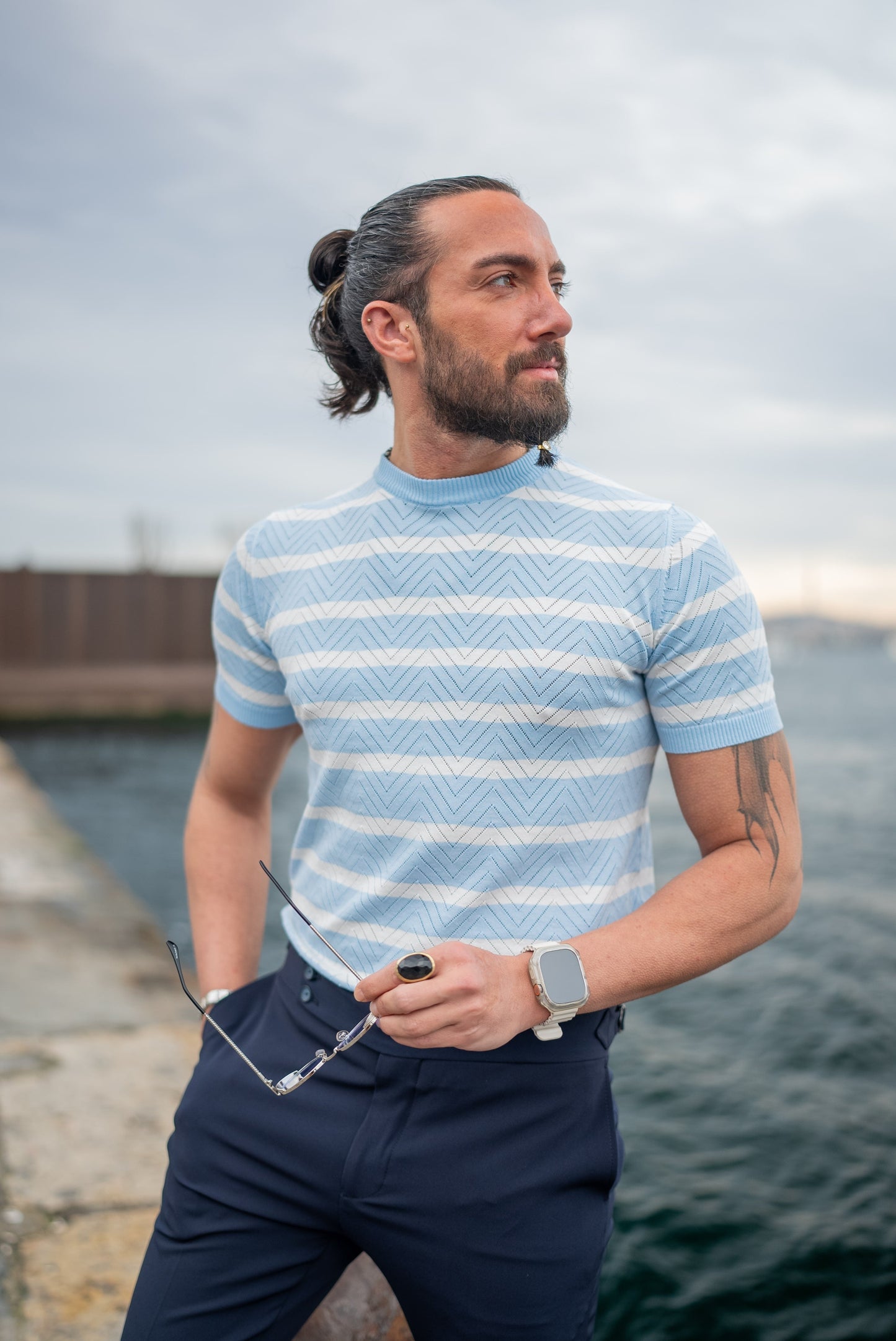 Men's Light Blue Striped Knit T-Shirt