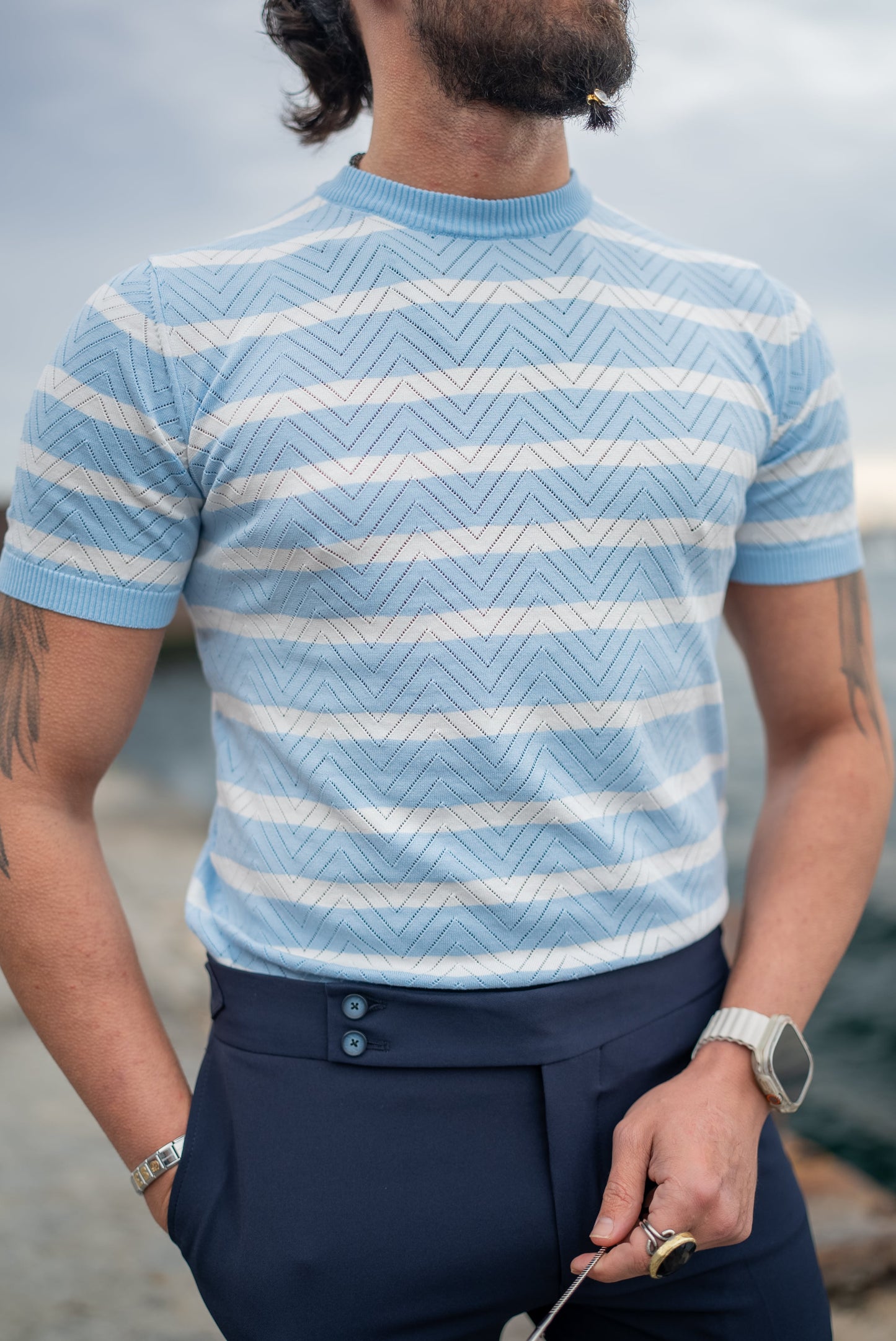 Men's Light Blue Striped Knit T-Shirt