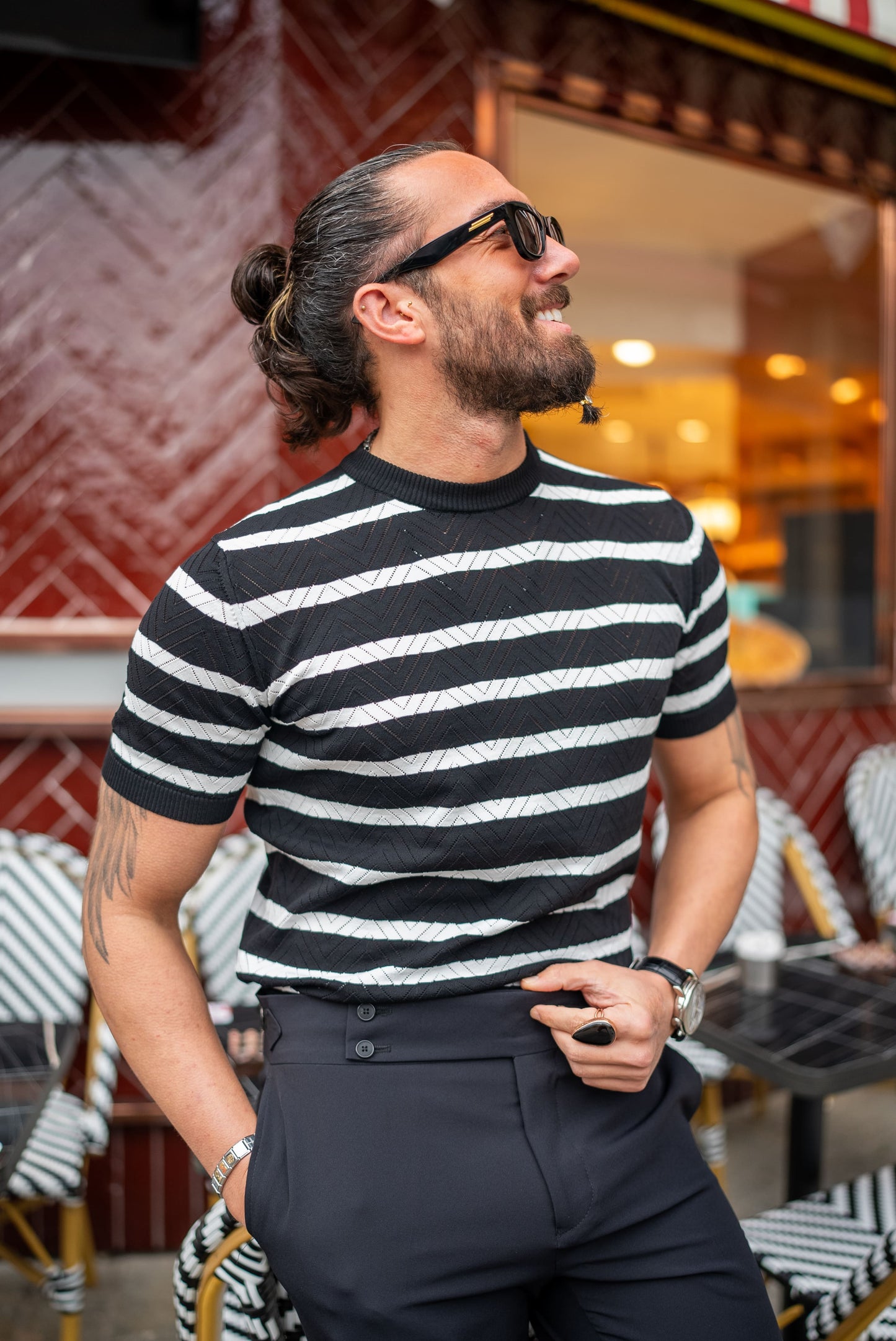 Men's Black and White Striped Knit T-Shirt