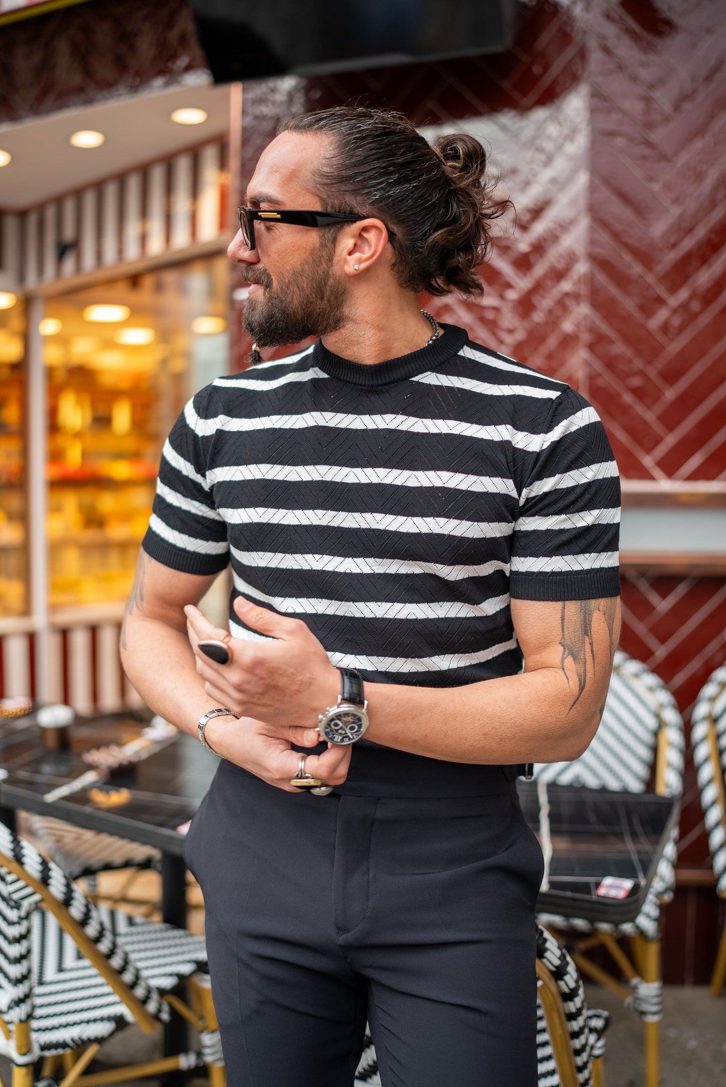 Men's Black and White Striped Knit T-Shirt