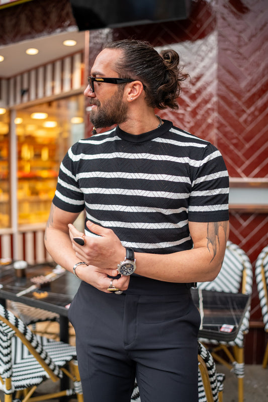 Men's Black and White Striped Knit T-Shirt